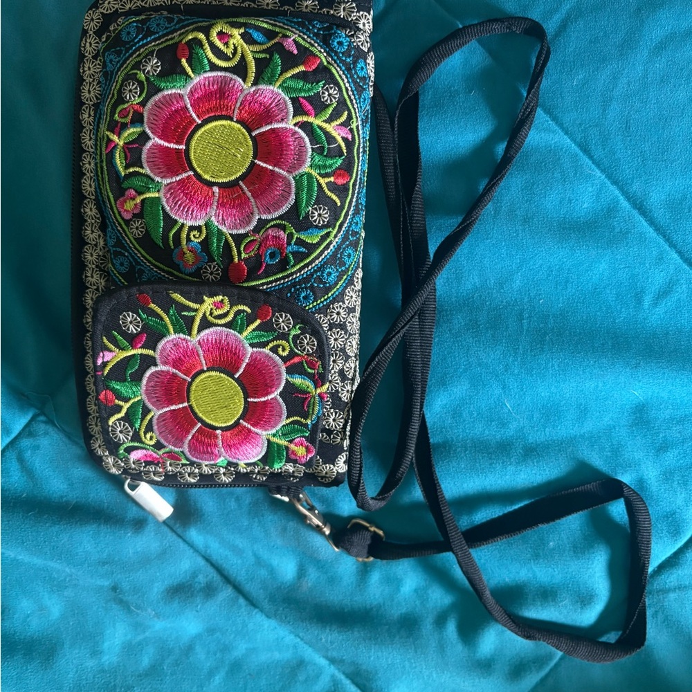 Floral Embroidered Crossbody Bag - Black and Pink